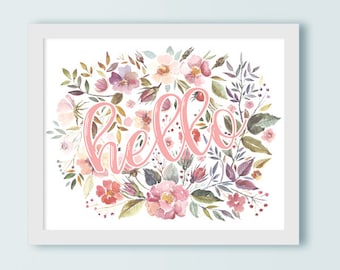 Instant Download, Hello, Floral Wreath, Boho chic, Home decor, House warming gift, Hello Floral, Hallway Print, Hello Artwork, Wall Art