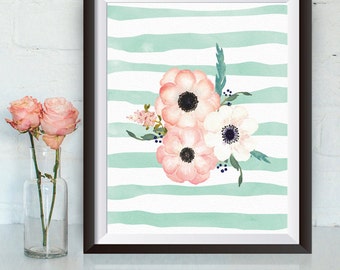 Téléchargement instantané, aquarelle fleur imprimé Floral Print, 8 x 10, rose et turquoise, art mural pépinière, décoration murale. art de pépinière aquarelle