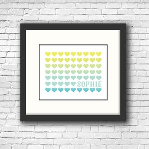 Personalized, Digital File, Hearts, Name,  Nursery Wall Art, Personalized baby gifts, Printable Art, Name Print, Blue, Teal, Yellow, Baby
