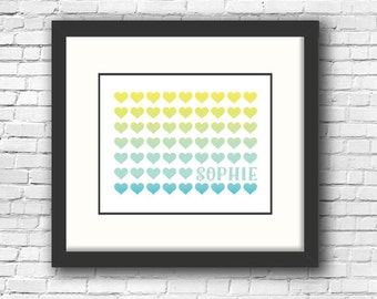 Personalizado, Archivo digital, Corazones, Nombre, Arte de pared de guardería, Regalos personalizados para bebés, Arte imprimible, Impresión de nombre, Azul, Verde azulado, Amarillo, Bebé