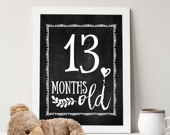 Instant Download, Printable Monthly Photo prop, milestone, chalkboard look, black and white, child, baby, 13-24 months, nursery