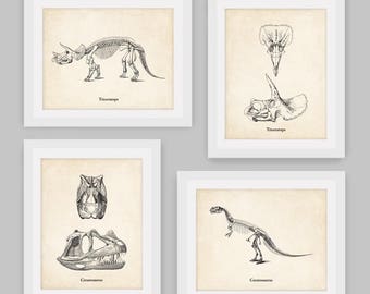 Set of 4, Dinosaur Set, Shipped Prints, Dinosaur Skeleton, Prehistoric, Paleontology, Fossil, Boys Bedroom, Office Decor, Home Decor
