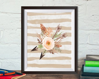 Natychmiastowe pobranie, akwarelowy wydruk kwiatowy, wydruk kwiatowy, 8x10, boho beż, strzałka, pióro, sztuka do pokoju dziecięcego, dekoracja ścienna. akwarelowy wydruk do pokoju dziecięcego