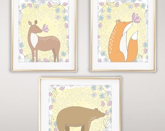 Ensemble de 3 Bois fantaisistes, 8x10 ou 11x14, Impressions de pépinière, Impression de pépinière forestière, Animaux de bois, Décor de pépinière, Art mural de pépinière
