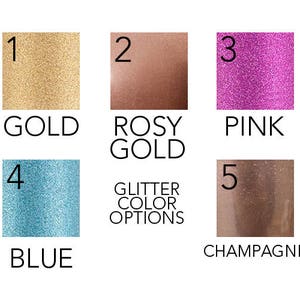 Pode incluir: Cinco amostras de glitter de cor, etiquetadas de 1 a 5. As cores s&atilde;o ouro, ouro rosado, rosa, azul e champanhe.