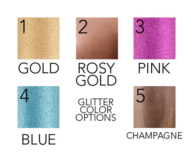 Pode incluir: Cinco amostras de glitter de cor, etiquetadas de 1 a 5. As cores s&atilde;o ouro, ouro rosado, rosa, azul e champanhe.