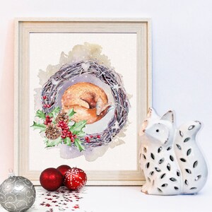 Instant Download, Rustic Christmas Decor, Farmhouse Christmas, Fox Print, Watercolor Wreath, Winter Wall Art, Holiday Decor, Rustic Wreath