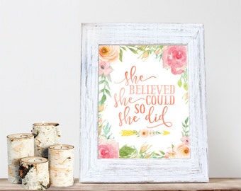 Instant Download, She believed she could so she did, printable nursery decor, Nursery Wall Decor, Baby Room Decor, blush, pink, arrow