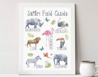 Buy One Get One, Safari Animal Field Guide, 8x10 or 11x14 Print, Safari nursery wall art, Boho, Baby's room, gift, nursery decor