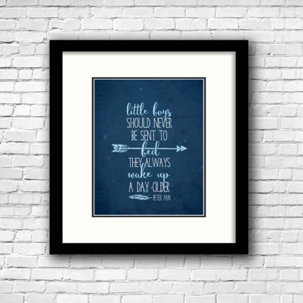 Buy One Get One - Art Print 8"x10" or 11"x14" - Little Boys Should Never Be Sent To Bed, blue, grunge, boys room, peter pan, quote, arrow