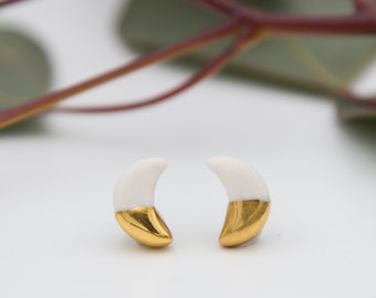 Gold Moon Earrings || Handmade Geometric Ceramic Stud Earrings || Free Shipping