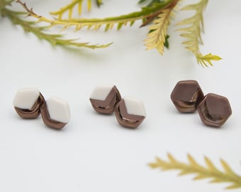 Bronze Hexagon Chevron Earrings || Handmade Geometric Ceramic Stud Earrings