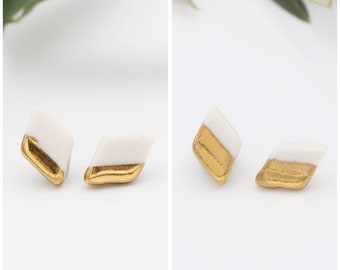 Gold + White Diamond Earrings || Handmade Geometric Ceramic Stud Earrings