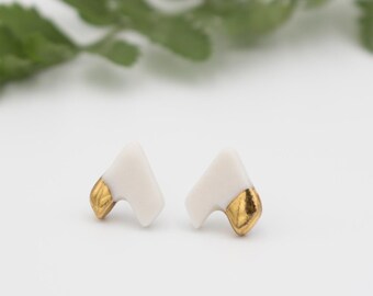 Gold + White Arrow Earrings || Handmade Geometric Ceramic Stud Earrings