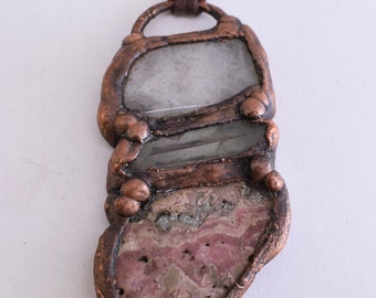 Rhodochrosite and Quartz Copper Electroformed Necklace, Healing Crystal Pendant, Boho Jewelry