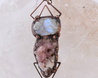 Moonstone Pink Amethyst Geode Necklace, Copper Electroformed Pendant, Natural Stone Jewelry, Boho Necklace, Gift for Her