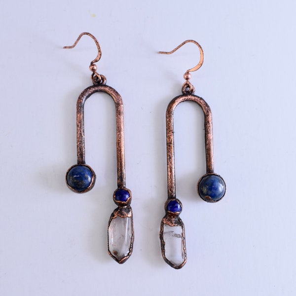 Lapis Lazuli Copper Earrings, Gemstone Quartz Dangle Earrings, Blue Stone Jewelry, Boho Earrings, Handmade Gift