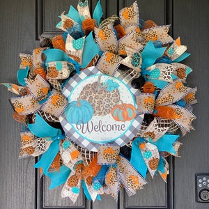 Cheetah Pumpkin Truck Fall wreath, Front door wreath, Animal print wreath, farmhouse wreath, Teal and orange wreath,
