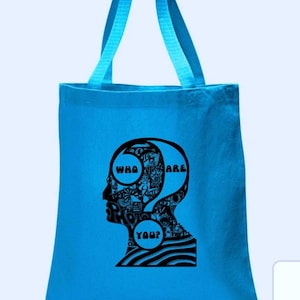 Psychedelic Tote Bag, Who Are You? Tote Bag Teal Blue, 1960s tote