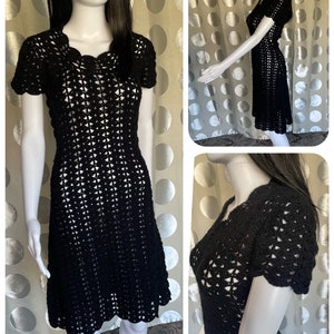 1960s Vintage Black Knit Crochet Dress w/ Scalloped Details, 60s Starlet Psychedelic Dress, 70s Hippie Boho Psych Mod Dress