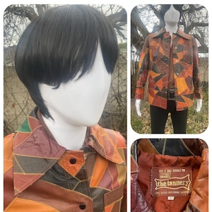 veste en cuir patchwork vintage des années 1960 des années 1970, veste en cuir patchwork psychédélique des années 60 et 70, manteau en cuir patchwork hippie disco des années 70