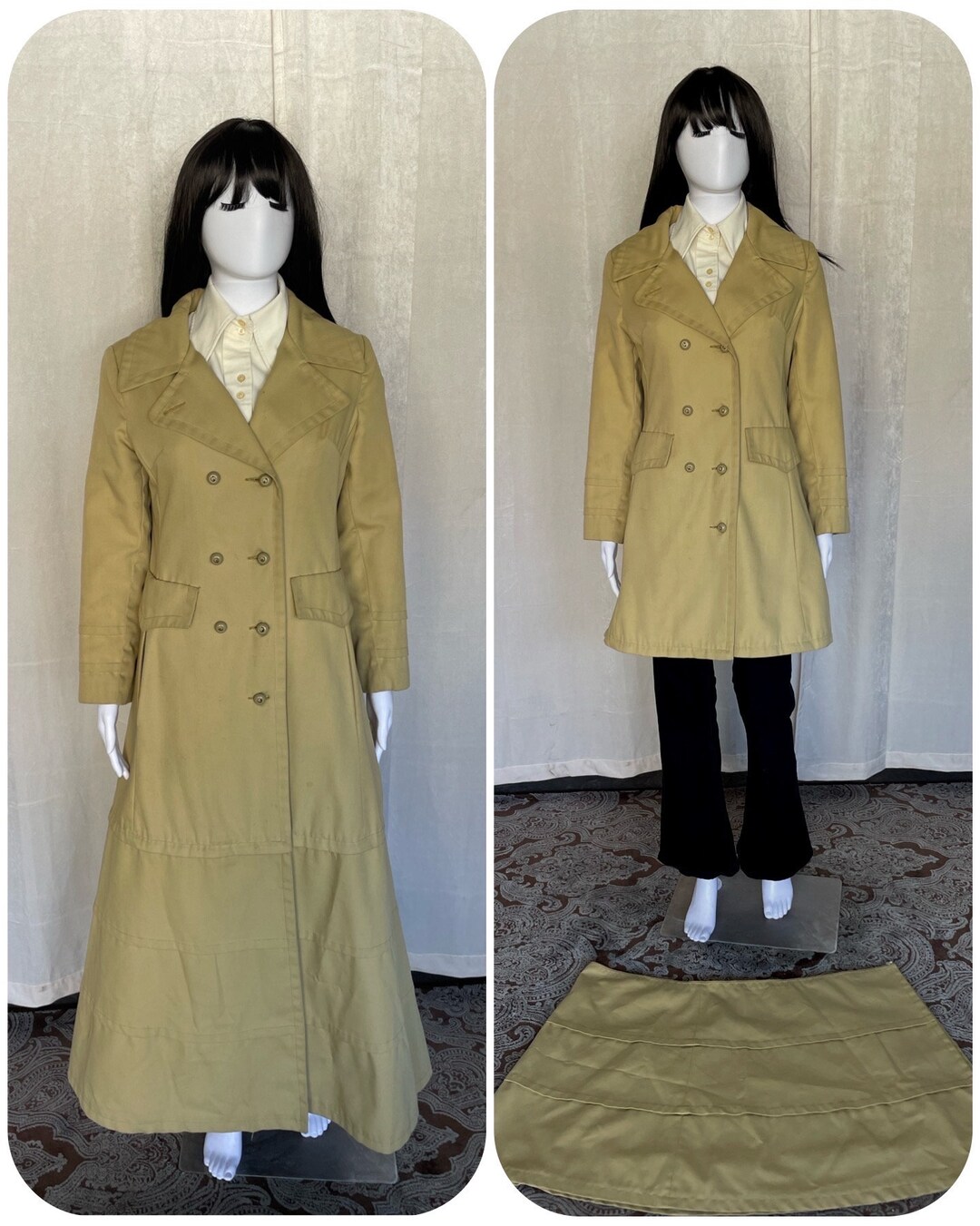 1960s 70s Vintage Beige Yellow Khaki Detachable Trench Coat