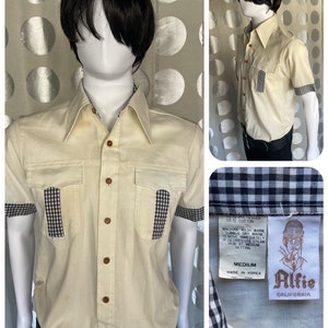 1960s Vintage Dandy Mod Rockabilly Indie S/S Dress Shirt, 1970s Short Sleeve Shirt, Gingham Detail, 60s Ivory Black Top, Alfie of California