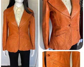 Blazer en cuir hippie ultra mod, Americana des années 1970 60, veste en cuir swinging des années 60, veste marron orange psychédélique