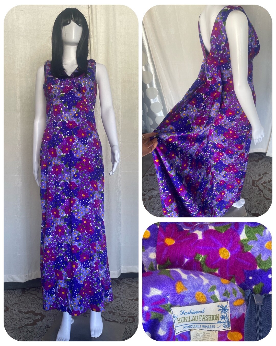 1960s 70s Vintage Purple Floral Hawaiian Tiki Flower Power Maxi Dress ...