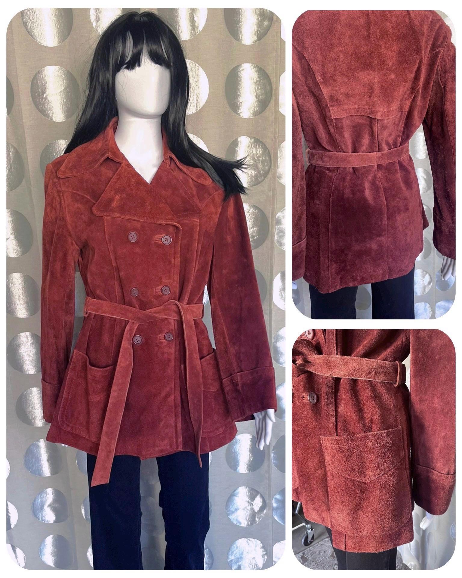 1960s Vintage Mod Red Rust Brown Leather Suede Double