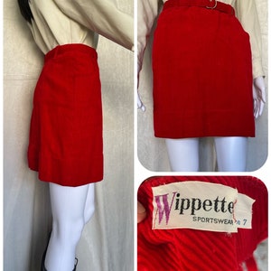 1960s Vintage Red Mod Corduroy Mini Skirt, 1960s Vintage Twiggy Mary Quant Style Swinging Sixties Belted Mini Skirt