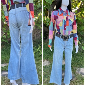 60s 70s Vintage Light Blue Wash Flare Hip Hugger Mod Hippie Jeans Pants Trousers Unisex by Hang Ten