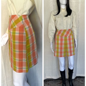 1960s Vintage Pink Mustard Green Plaid Mini Skirt, 1960s Vintage Twiggy Mary Quant Style Swinging Sixties Lolita Mini Skirt