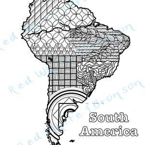 May include: A black and white coloring page of the continent of South America. The map is filled with intricate patterns and designs.