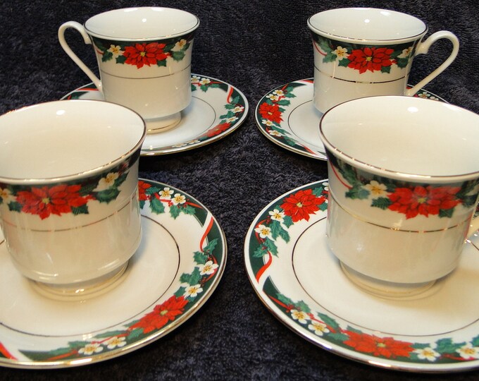 Halls Tea Set Tienshan Deck the Halls Tea Cup Saucer Sets Christmas Poinsettia 4 ...