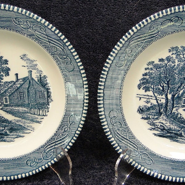 Currier Ives Royal China Blue White Salad Plates 7 3/8" Washington Birthplace Set of 2 Excellent