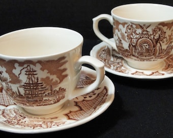 Alfred Meakin Fair Winds Tea Cup Saucer Sets Brown Staffordshire England 2 Excellent