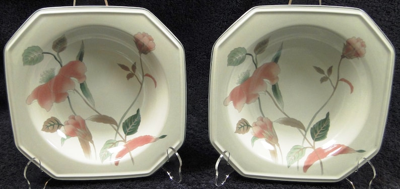 Pu&ograve; includere: Due ciotole ottagonali in ceramica bianco sporco con un motivo floreale. Le ciotole presentano un delicato motivo di fiori rosa, foglie verdi e steli marroni. Ogni ciotola ha un bordo argentato.