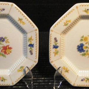 May include: Two white octagonal ceramic plates with a floral design in shades of blue, yellow, red, and green. The plates have a raised edge and a scalloped rim.