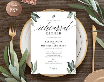 Druckbare Grüne Probe Abendessen Einladung Vorlage, Rustikale Hochzeit Probe Abendessen, PDF Sofort Download, Die Nacht vor der Einladung