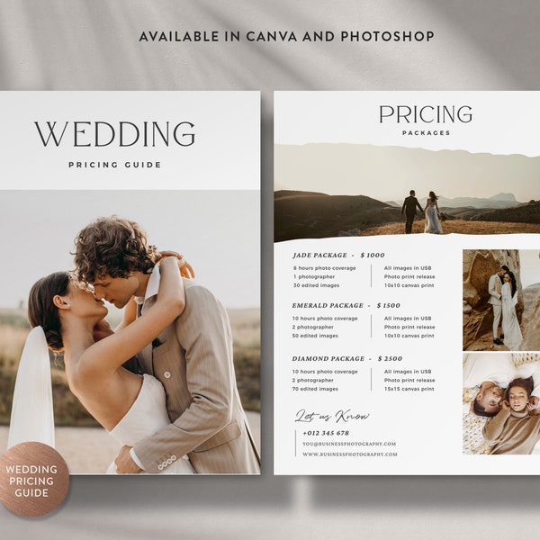 Photography Pricing Guide Canva Template, Wedding Pricing Guide List for Photographers, Photoshop Price Sheet - INSTANT DOWNLOAD PG018