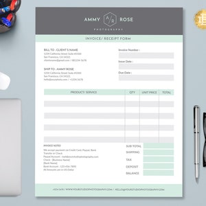 May include: A white and green invoice form with the title "Invoice/Receipt Form" and the company name "Ammy A/R Rose Photography". The form includes fields for billing and shipping information, product/service, quantity, unit price, total, sub-total, shipping, tax, deposit, and balance.