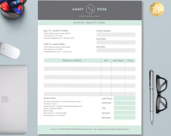 Könnte beinhalten: Ein weißes und grünes Rechnungsformular mit dem Titel "Rechnungs-/Quittungsformular" und dem Firmennamen "Ammy A/R Rose Photography". Das Formular enthält Felder für Rechnungs- und Versandinformationen, Produkt/Dienstleistung, Menge, Einzelpreis, Gesamtbetrag, Zwischensumme, Versand, Mehrwertsteuer, Anzahlung und Restbetrag.