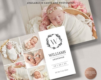 Newborn Birth Announcement Card Template: Editable Canva & Photoshop (INSTANT DOWNLOAD)