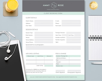 Photography Order Booking Form for Photographers, Client Booking Form Template in MS Word and Adobe Photoshop - INSTANT DOWNLOAD - CBF002