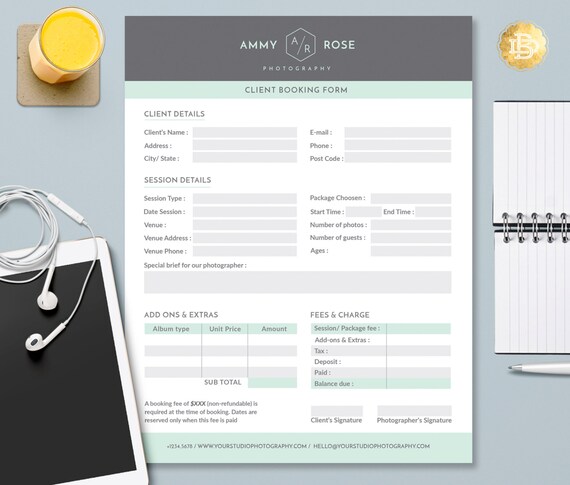 Photography Client Booking Form Template (MS Word & Photoshop) (Instant Download)