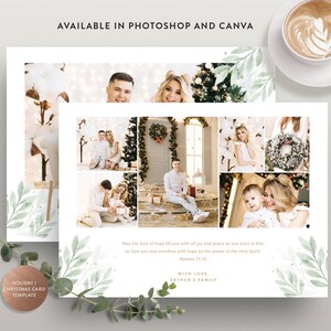 Peut inclure: Mod&egrave;le de carte de No&euml;l avec un collage de photos de famille sur un fond aquarelle vert et blanc. Le texte dit "Que le Dieu d'espoir vous remplisse de joie et de paix en vous confiant en lui, afin que vous d&eacute;bordiez d'espoir par la puissance du Saint-Esprit, Romains 15:23- AVEC AMOUR, LA FAMILLE ARTHUR".
