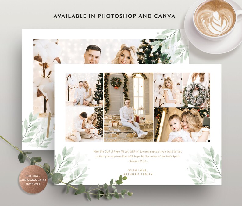 Peut inclure: Mod&egrave;le de carte de No&euml;l avec un collage de photos de famille sur un fond aquarelle vert et blanc. Le texte dit "Que le Dieu d'espoir vous remplisse de joie et de paix en vous confiant en lui, afin que vous d&eacute;bordiez d'espoir par la puissance du Saint-Esprit, Romains 15:23- AVEC AMOUR, LA FAMILLE ARTHUR".