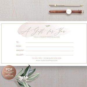 Editable Gift Certificate Templates, Printable Photography Gift Certificate, PDF Gift Card for Photographer - INSTANT DOWNLOAD GC007