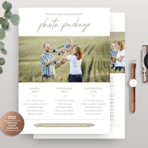 May include: A photography pricing guide with three packages: Family, Newborn, and Maternity. Each package includes a photo session, edited images, a print release, and print credit. The guide also includes the website address for Your Studio Photography.